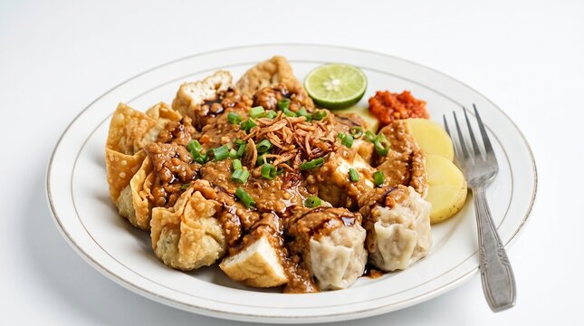 Close-up of Indonesian traditional street food batagor and siomay with peanut sauce, fried wontons, boiled potatoes, sambal, and lime on a white plate.