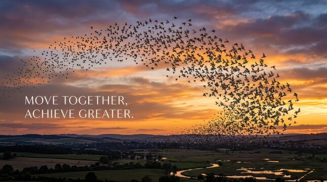 Flock of birds flying in a swirling pattern against a dramatic sunset sky with text overlay