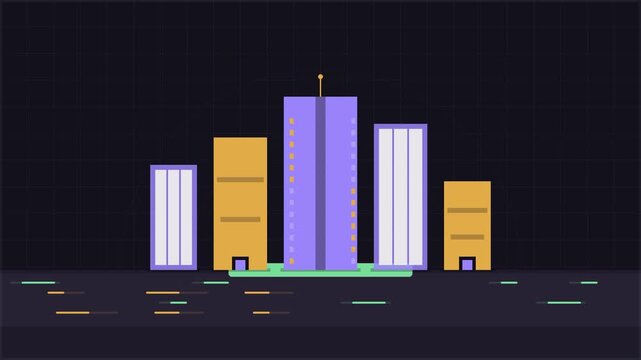 Animated vector skyscrapers rising up from the ground to form a modern city skyline in a flat 2D graphic style
