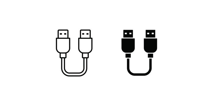 USB cable charger icons in line and filled styles for tech connectivity design.