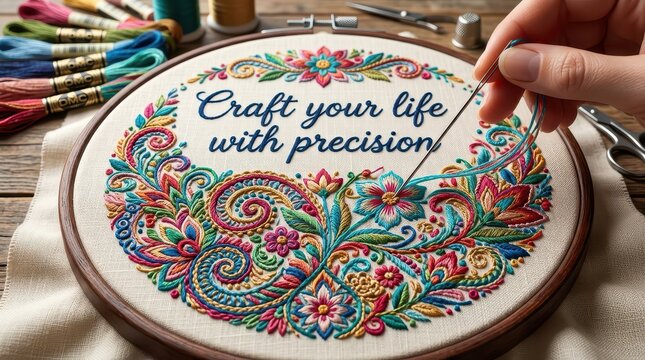 Hand embroidery craft with colorful floral pattern and inspirational quote on wooden table
