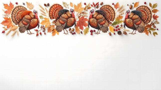Autumn harvest turkey border, festive Thanksgiving holiday header with fall leaves and acorns, seasonal decorative frame on white background