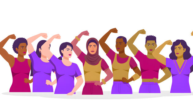 A diverse group of empowered women standing together flexing their muscles to celebrate international womens day and gender equality