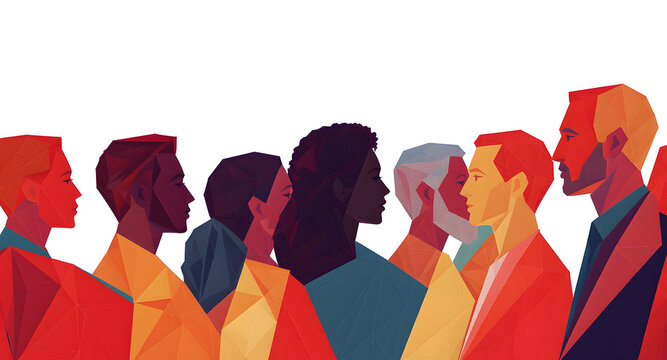 A diverse group of people standing together in profile view created with a modern geometric low poly art style design