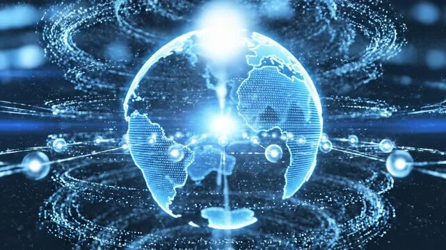 A 3D model shows a globe made of digital data and lights. Data points connect across the surface of the globe. This takes place in a dark background