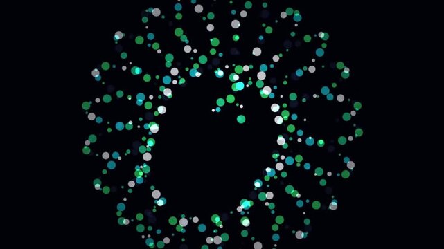 Ferromagnetic Starburst dual-pole attraction-repulsion flow kinetic dot sculpture stock motion video rendered with BIOLUMINESCENT GREEN electromagnetic particle graphics. 