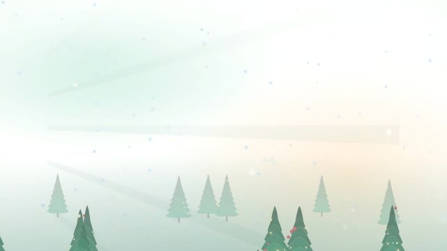 Animated winter landscape with falling snow and pine trees in a soft pastel style