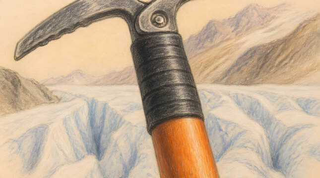 Close Up Illustration of an Ice Axe on a Glacier in Soft Pastel Pencil Style