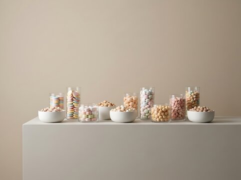 Many glass jars and bowls filled with colorful pastel candies sitting on a light green table surface. Candy buffet layouts