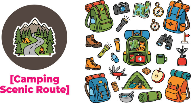 Camping scenic route vector doodle illustration set featuring travel backpacks hiking boots tent compass and outdoor adventure elements