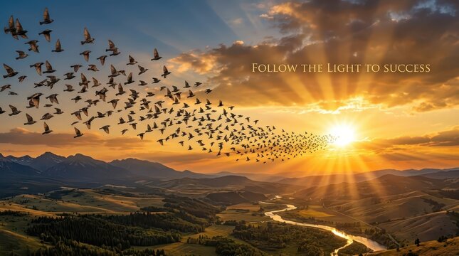 Flock of birds flying towards the sun during sunset over a mountain landscape