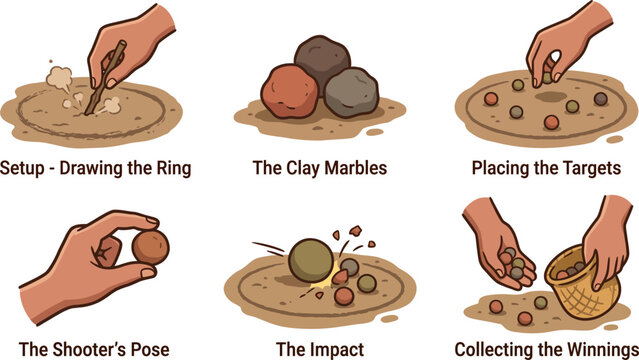 Illustrated steps for playing outdoor clay marble ring toss game