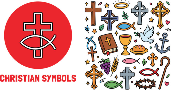 Christian symbols vector doodle collection with holy cross ichthys fish bible dove chalice anchor crown of thorns and wheat
