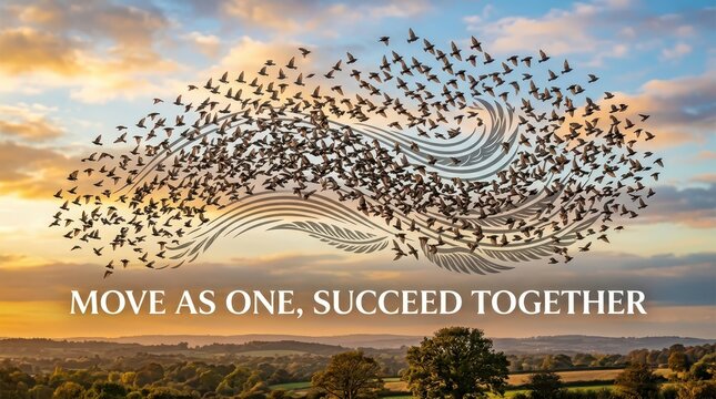Flock of Birds Forming a Swirl Pattern Against a Dramatic Sunset Sky