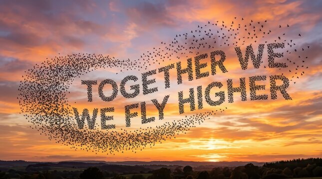 Flock of birds forming heart shape with text 'Together We Fly Higher' during sunset