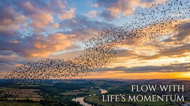 Flock of birds swirling in a dramatic sunset sky over a rural landscape