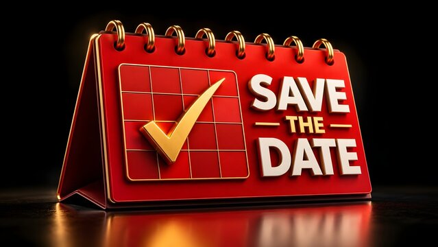 Red 3D desk calendar with gold checkmark and save the date text for event planning and deadline reminders