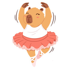 Cute cartoon capybara ballerina dancing in pink tutu and ballet shoes, vector illustration © Haririyat