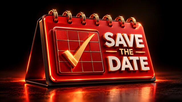 Illuminated red 3D calendar with save the date text for wedding invitations and essential business appointments