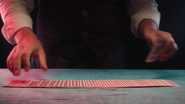 Magic trick, Professional croupier shuffling and dealing playing cards at a casino table, poker and blackjack game, magician performing a card trick shuffling cards deck