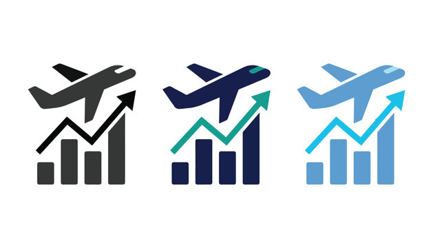 Set of three airplane icons with growth charts, representing travel industry growth, aviation business success, and flight statistics, vector illustration