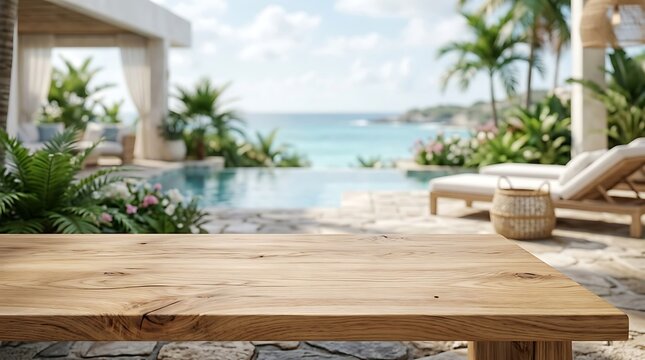 Empty Wooden Table Top for Product Placement with Blurred Luxury Tropical Resort Ocean Pool Background for Travel Ads