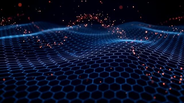 Futuristic Blue Hexagon Network Grid with Glowing Data Particles