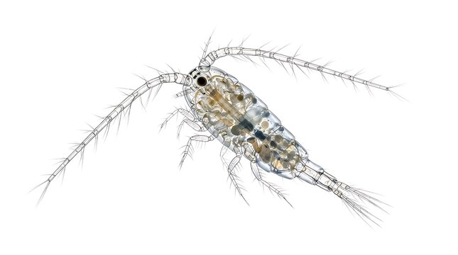 Microscopic view of a translucent copepod, a small aquatic crustacean, showcasing its detailed anatomy and long antennae against a white background.