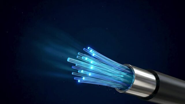 Close-Up Telecommunication Fiber Optic Energy Hub with Glowing Cyan Lines