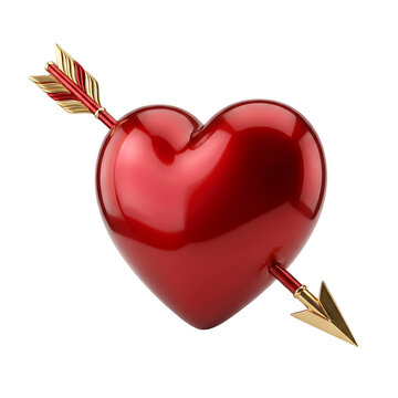 Glossy 3D red heart pierced by a golden arrow isolated on black background