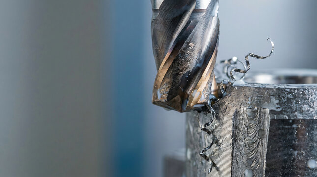 Close-up macro shot of a heavy-duty CNC milling machine cutting titanium metal with a carbide end mill tool, creating metallic chips and coolant fluid splashing in a modern industrial workshop.