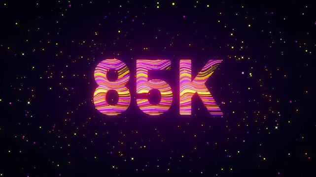 Dynamic 3D animation of a rotating 85K number with flowing purple, yellow, and magenta light trails, glowing particles, and cosmic sparkles creating a futuristic digital achievement scene.