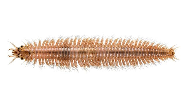 Close-up studio shot of a segmented marine bristle worm with numerous feathery appendages on a white background, showcasing its intricate structure.