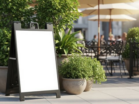 Blank sidewalk sign board standing on a city street near an outdoor cafe terrace