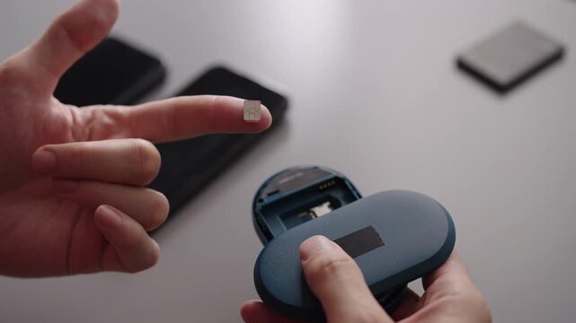 Close-up view of person inserting nano sim card into portable Wi Fi hotspot device to enable mobile broadband internet service, with smartphone visible on desk. Shooting in slow motion.