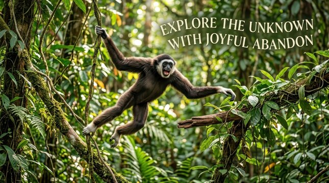 Gibbon monkey swinging through lush green jungle trees, exploring the unknown with joyful abandon