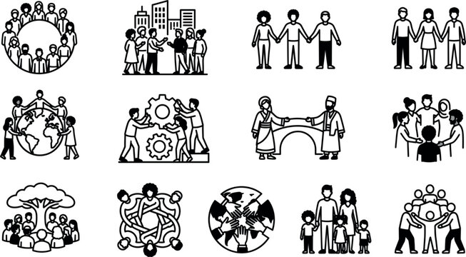 Diverse multicultural community and global communication network line art vector icon set with inclusive youth teamwork municipal council and family protection symbols