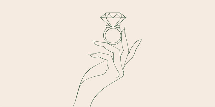 Elegant diamond ring held delicately between fingers in a minimalist jewelry illustration