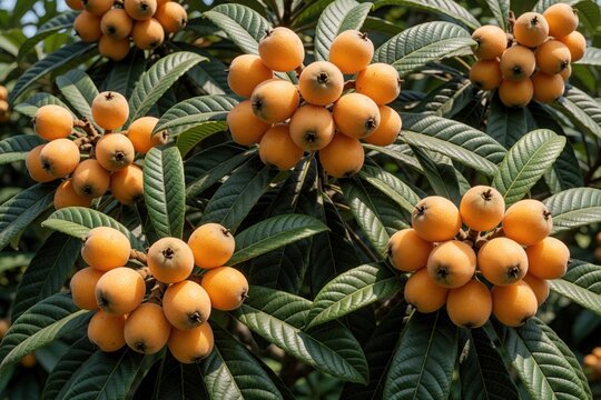 Ripe orange loquat fruit grows on green leafy tree. Clusters of Japanese nisperos hang from branches in sunny orchard. Fresh tropical fruit ready for harvest in plantation. Healthy organic produce