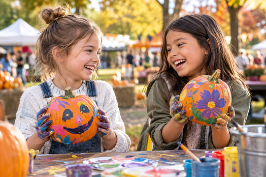Two Smiling Girls Showing Their Painted Pumpkins at a Halloween Craft Activity. Concept of Creativity, Friendship, Family Fun, Autumn Tradition, and Seasonal Celebration for Kids.