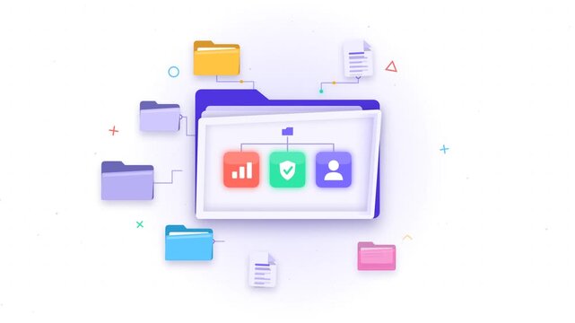 Digital data hub folder opening with connected files and database structure