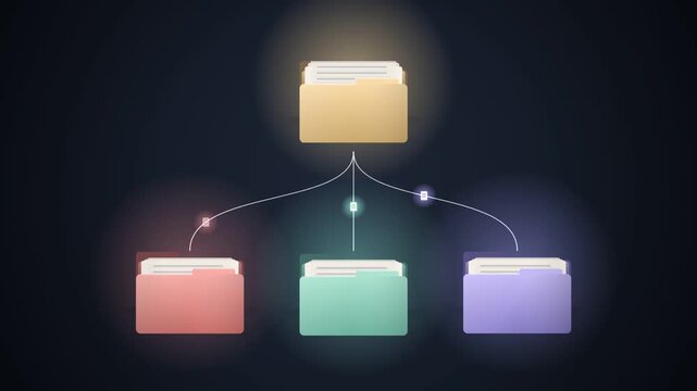 Digital folder data tree structure branching out into multiple directories animation