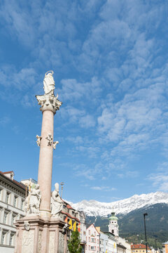 Innsbruck, Austria with St. Anne's Column and Nordkette Mountains