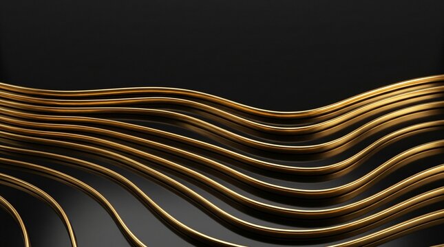 Luxury black obsidian gold sinusoidal meander topography hero banner, panoramic 16 by 9 cascading tidal wave stepped terraces with molten gold rims for corporate private wealth management header