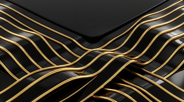 Luxury black obsidian gold cross swell topography website hero banner, panoramic 16 by 9 diagonal sinusoidal intersecting terraces with molten gold rims for corporate private wealth management
