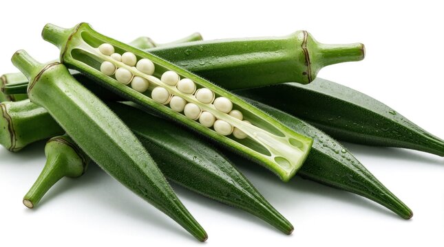 Fresh green okra pods on white background. One sliced vegetable shows white seeds inside. Raw gombo bhindi ingredient for healthy cooking, vegetarian diet organic food recipe. Close up macro view of