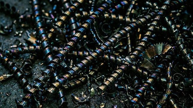 Close up shot of heavy industrial metal shavings and spiral steel turnings with iridescent heat temper colors resting on a dark factory floor, representing mechanical engineering production and