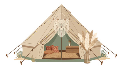Cozy Bohemian Style Glamping Tent Illustration with Macrame Decor and Fairy Lights for Outdoor Living © edamame