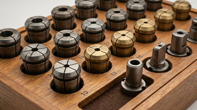 Close-up high angle shot of an organized set of precision metal collets and tool holders neatly arranged inside a custom fitted wooden storage case for industrial machining and manufacturing