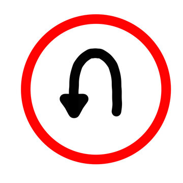 U-turn traffic sign icon with a black u-turn arrow inside a red circle, isolated on a transparent background